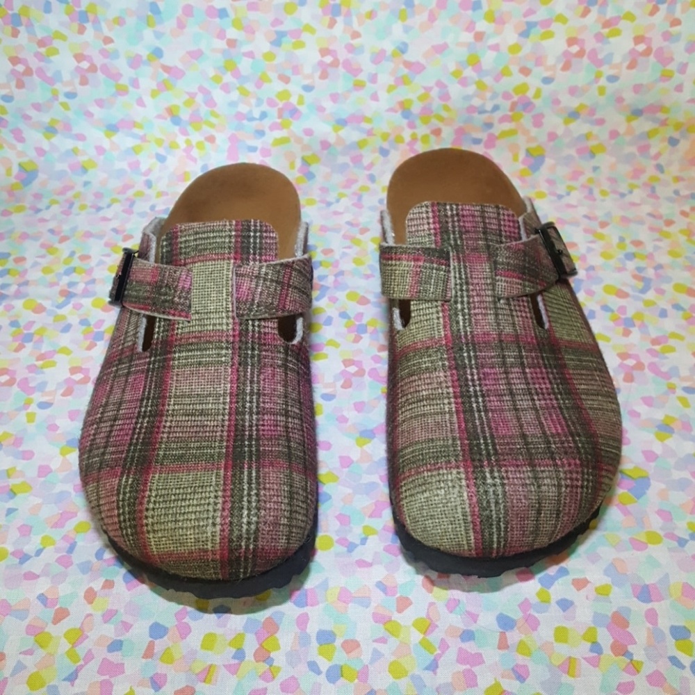 Birkis by Birkenstock pink and green plaid clogs